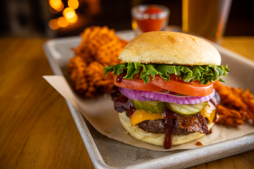 Smokey Burger with sweet potato fries at Smokehouse BBQ & Brews in Lancaster County PA.