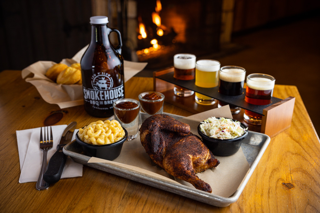 Smoked Half Chicken Platter with muffins and a flight of local beer at Smokehouse BBQ & Brews in Lancaster County PA.